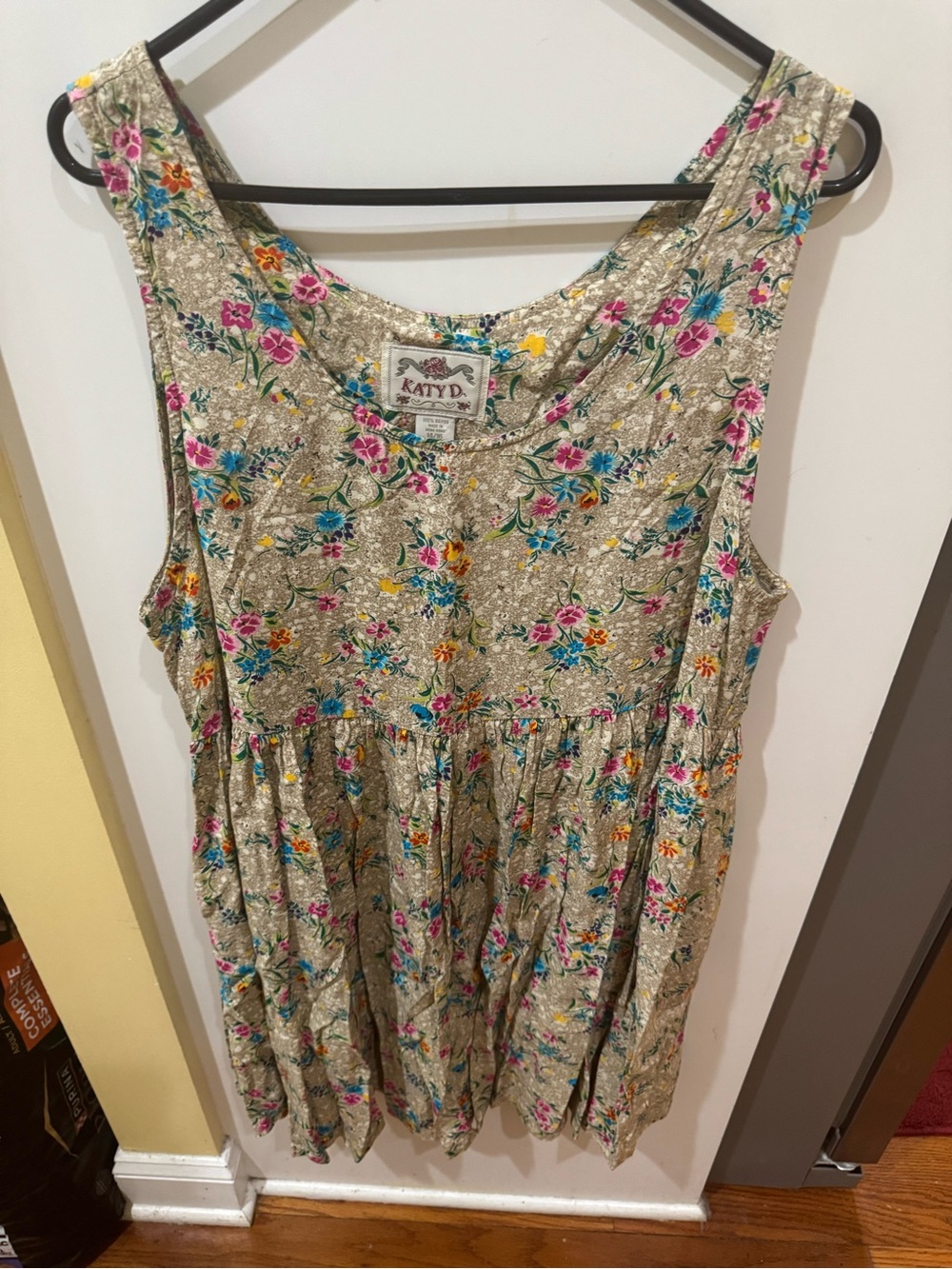 Katy D Floral Rayon Sundress in Beige with Pink, Blue and Yellow Blooms